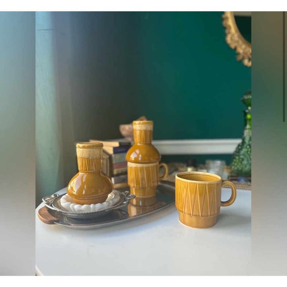 Vintage Mid Century Modern Stoneware Stacking Mugs w/ Carafes - 4 Piece Set